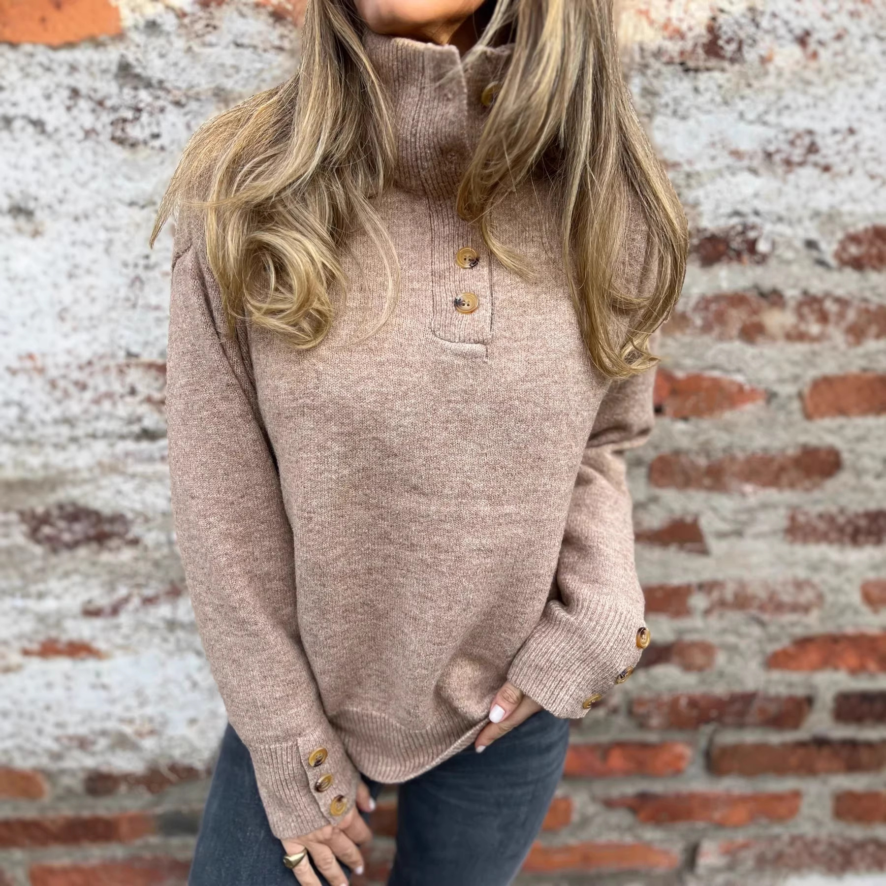 Women's Stand Collar Button Knit Sweater Solid Color Loose Fit