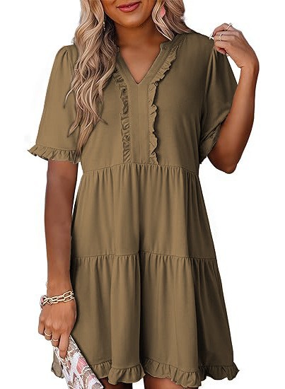 Women's Loose V-Neck Short Sleeve Ruffle Hem Casual Dress
