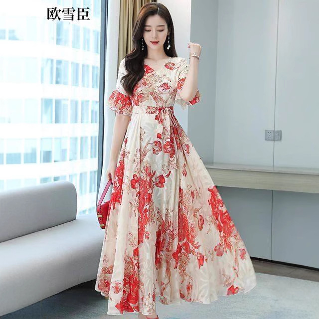 Women's Floral A-Line Midi Dress with V-Neck and Short Sleeves