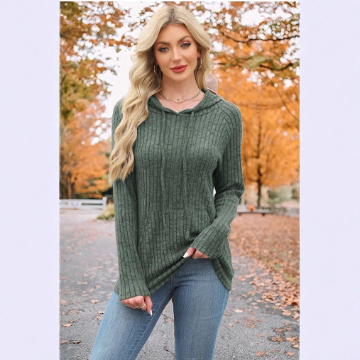 Ribbed Knit Hooded Pullover Sweatshirt with Pockets for Women