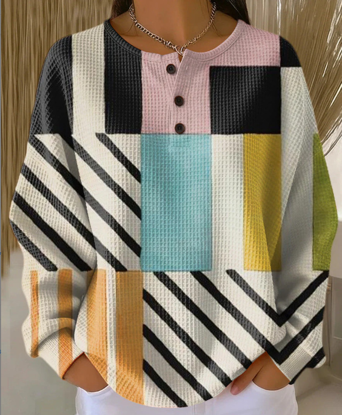 Women's Plaid Tree Floral Polka Dot Print Button Sweatshirt