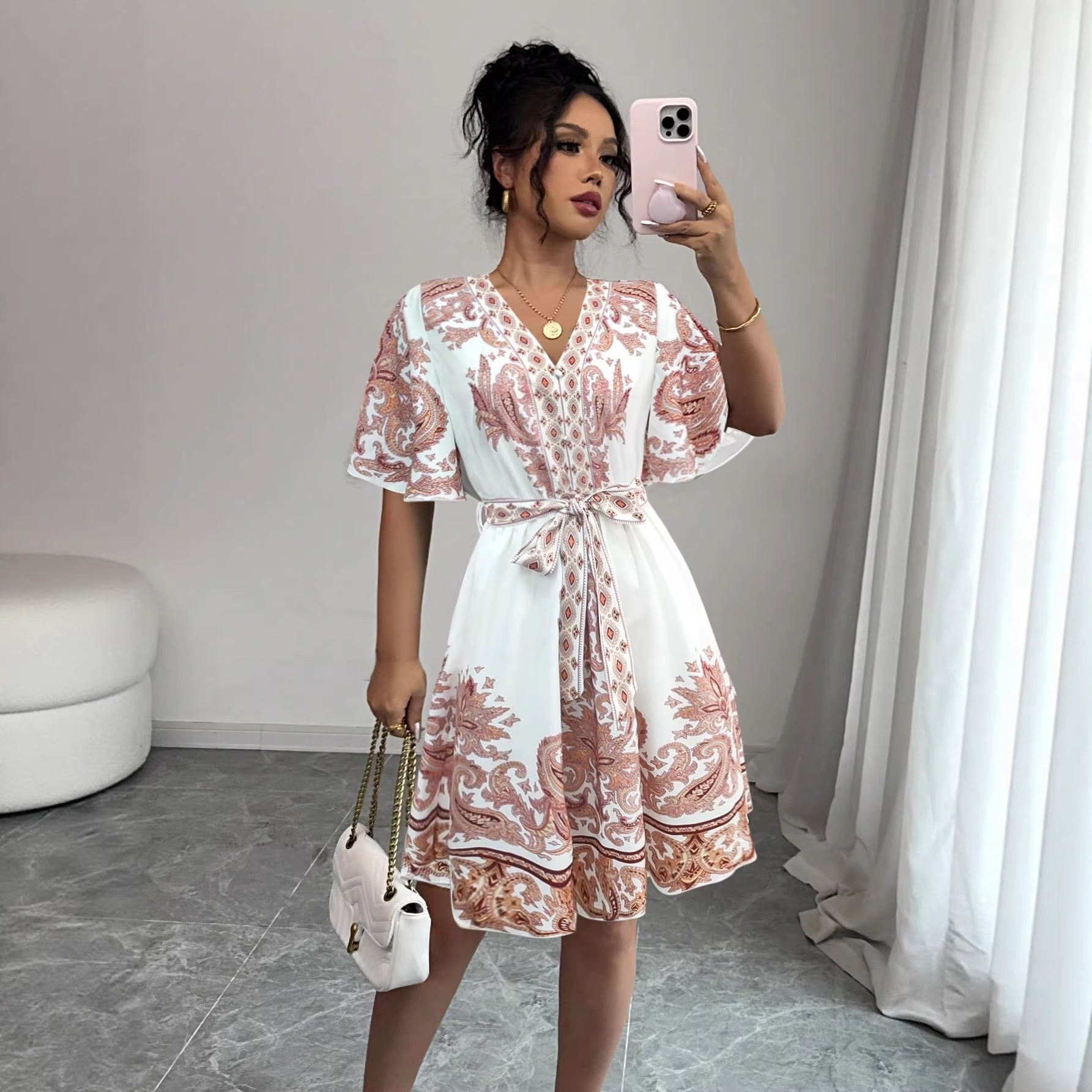Bohemian V-Neck Tie-Waist Floral Print Vacation Dress