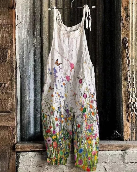 Women's Printed Cotton-Linen Cami Jumpsuit Sleeveless Wide-Leg Beach Romper