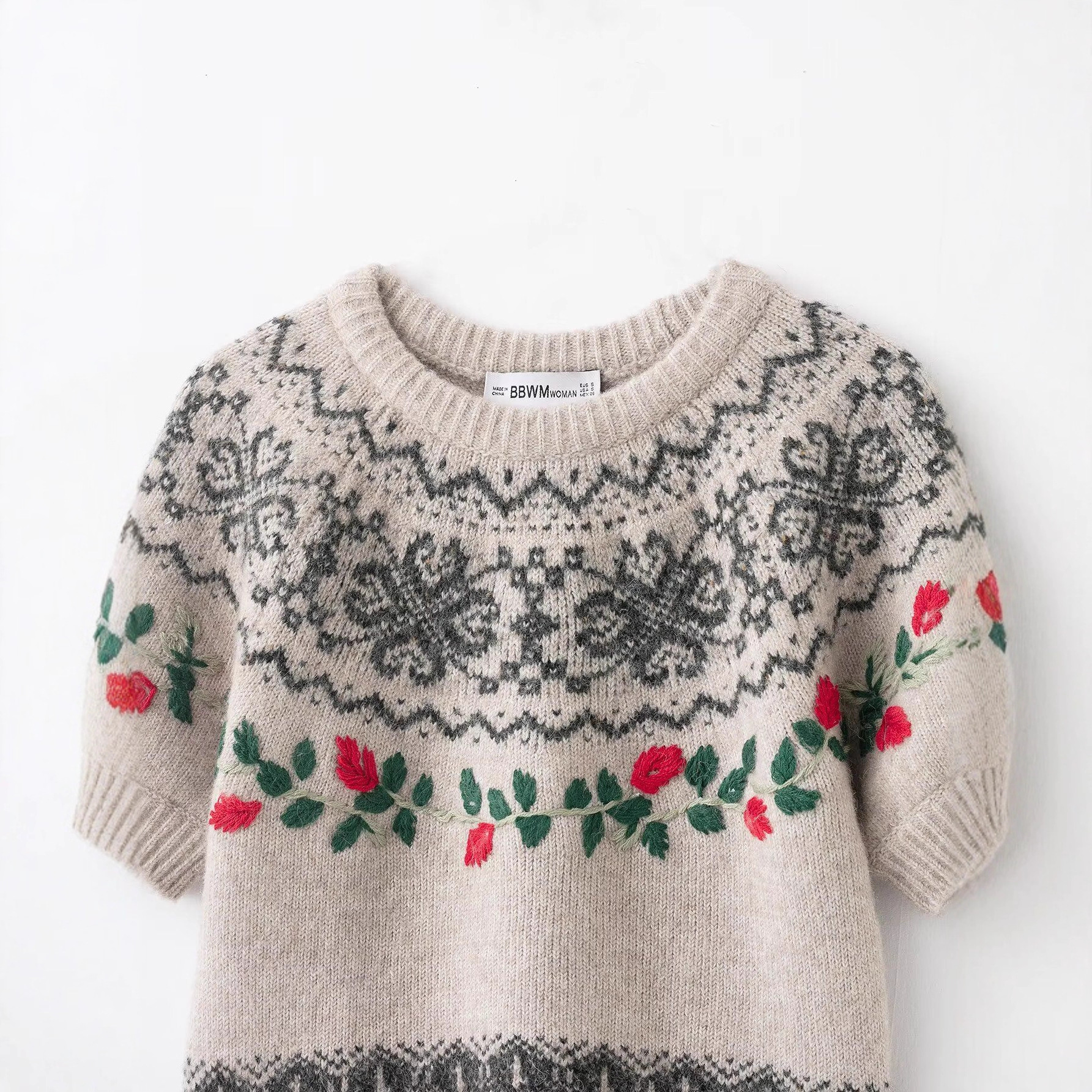 Women's Retro Jacquard Embroidered Crewneck Knit Sweater