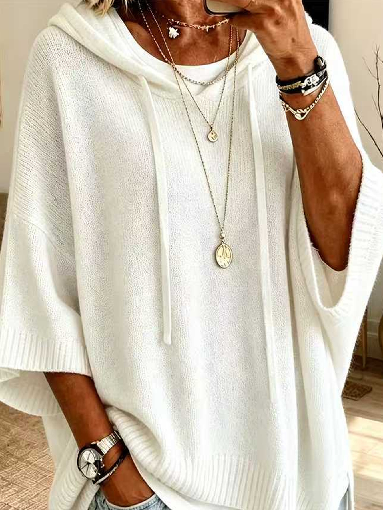 Women's Solid Hooded Knit Sweater Loose Fit Pullover