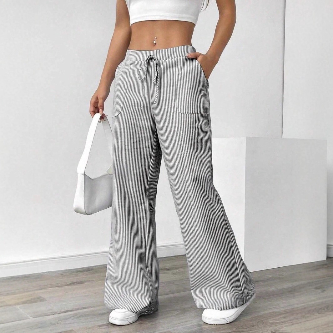 Striped Wide-Leg Lounge Pants for Women, Lightweight Straight-Cut Casual Trousers