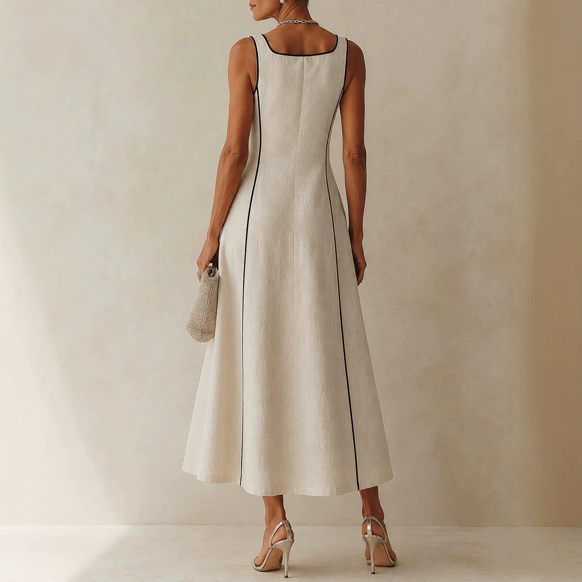 French Square-Neck Contrast Stitch Linen-Blend Midi Dress with Pockets