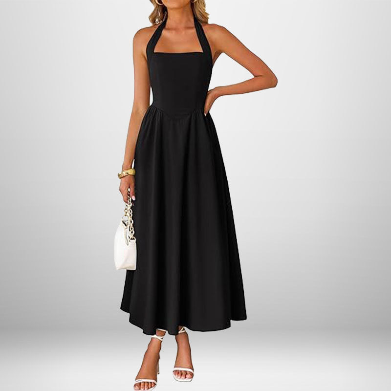 Women's Sleeveless Halter Backless A-Line Midi Dress