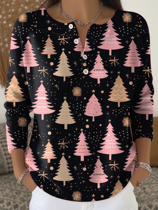 Women's Forest Crow Snowflake Print Button Sweatshirt