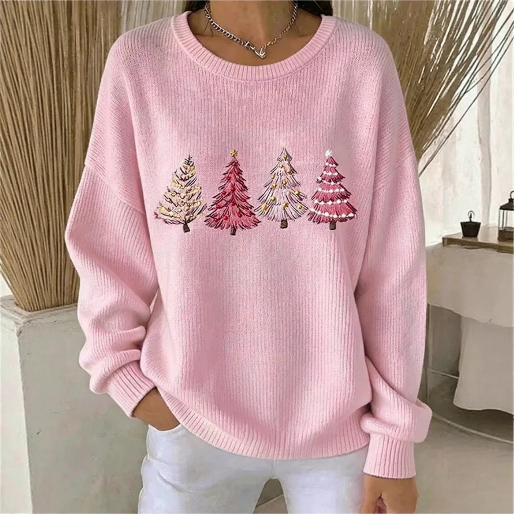 Forest Tree Print Crewneck Long Sleeve Pullover Sweatshirt