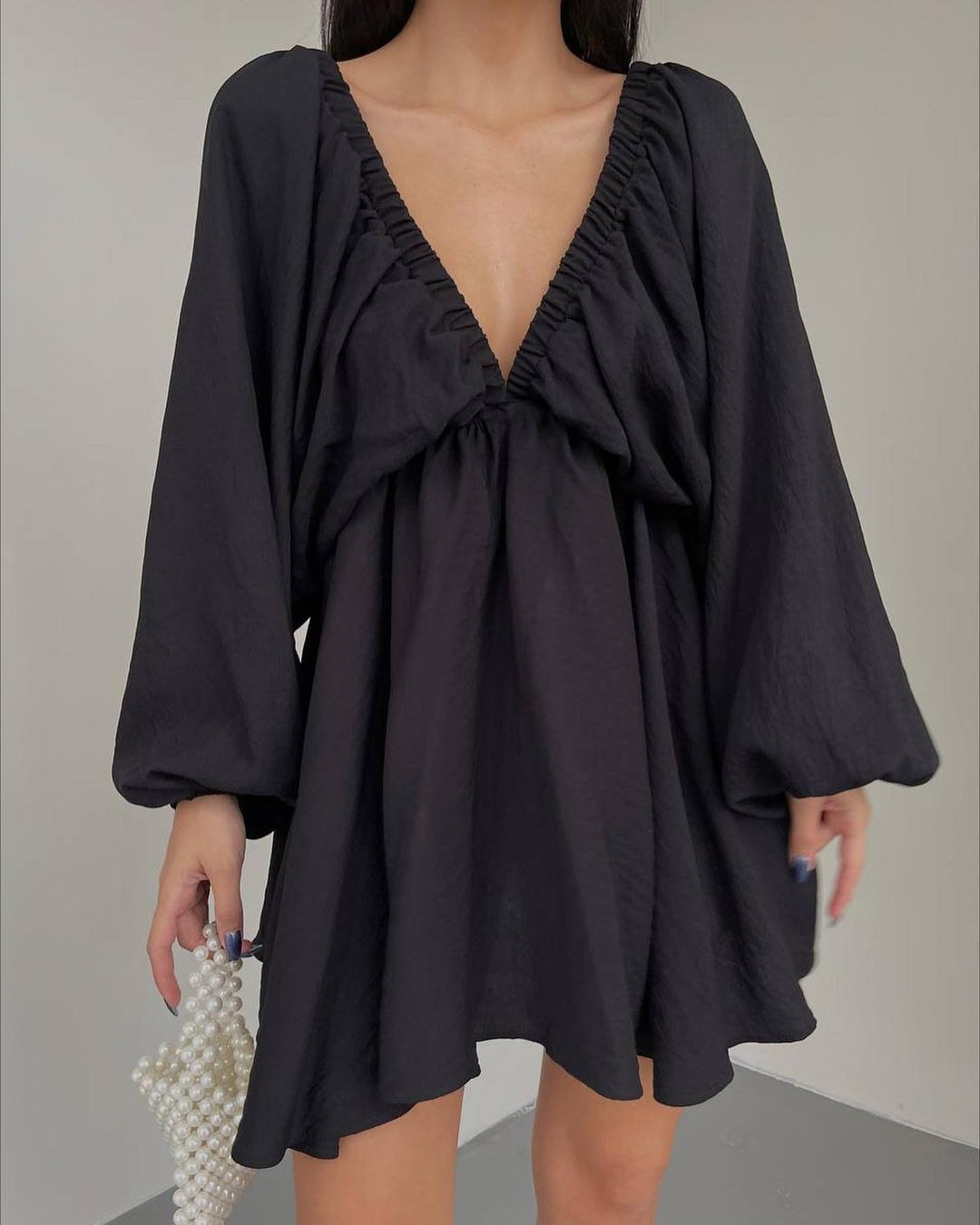 V-Neck Long Sleeve Bubble Sleeve Flared Dress