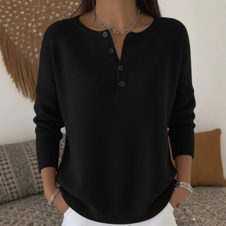 Button-Front V-Neck Knit Sweater