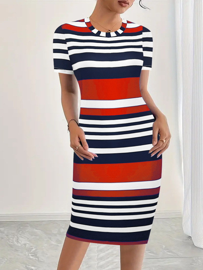 Striped Print Round Neck Short Sleeve Dress
