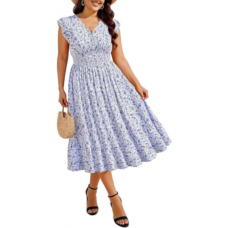 Women's Plus Size V-Neck Boho Floral Midi Dress