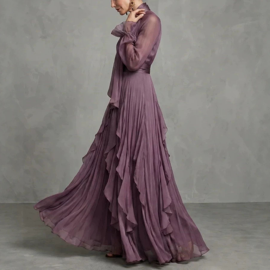 Purple Ruffle Long Sleeve Bodycon Dress