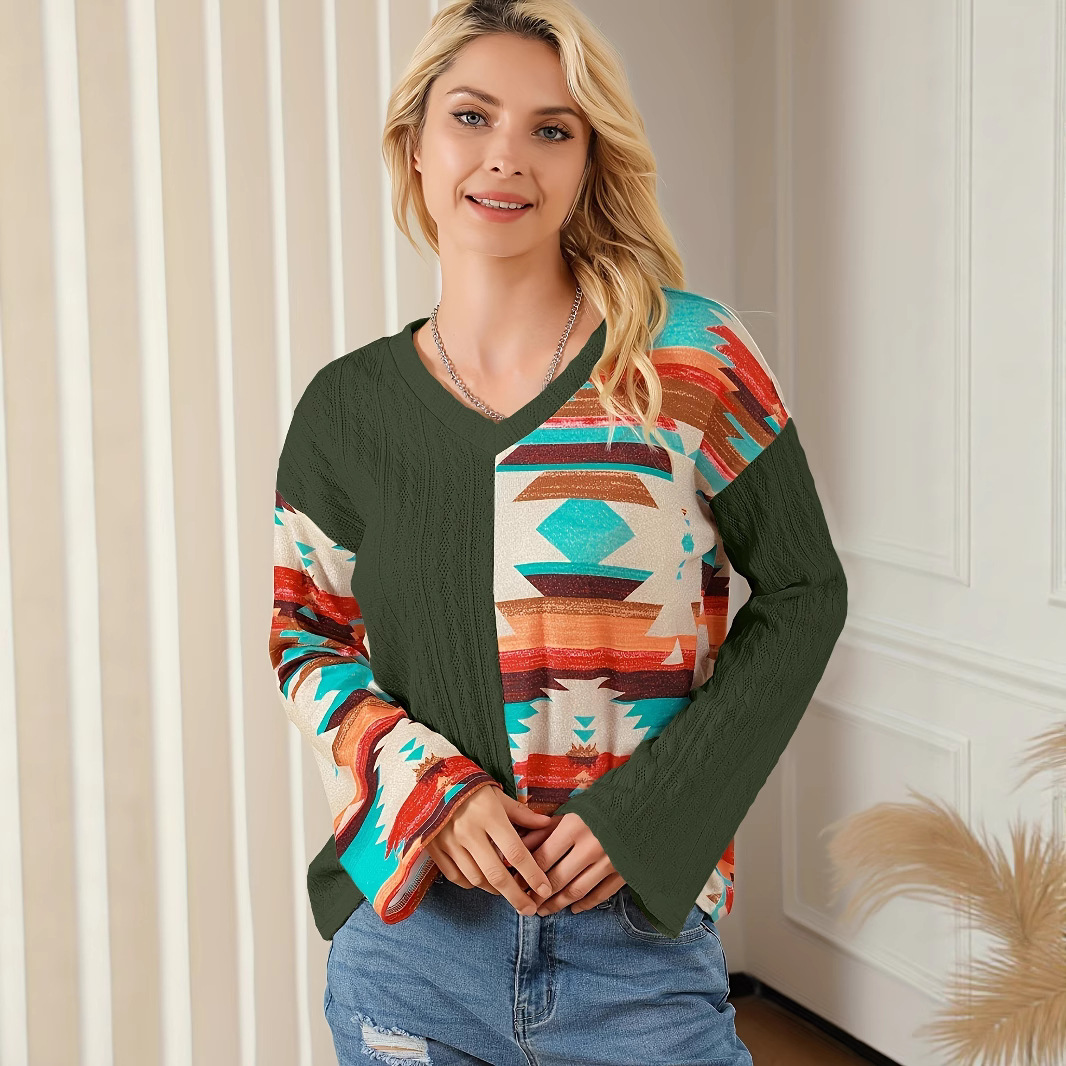 Women's Knit Sweatshirt Colorblock Print Long-Sleeve Pullover