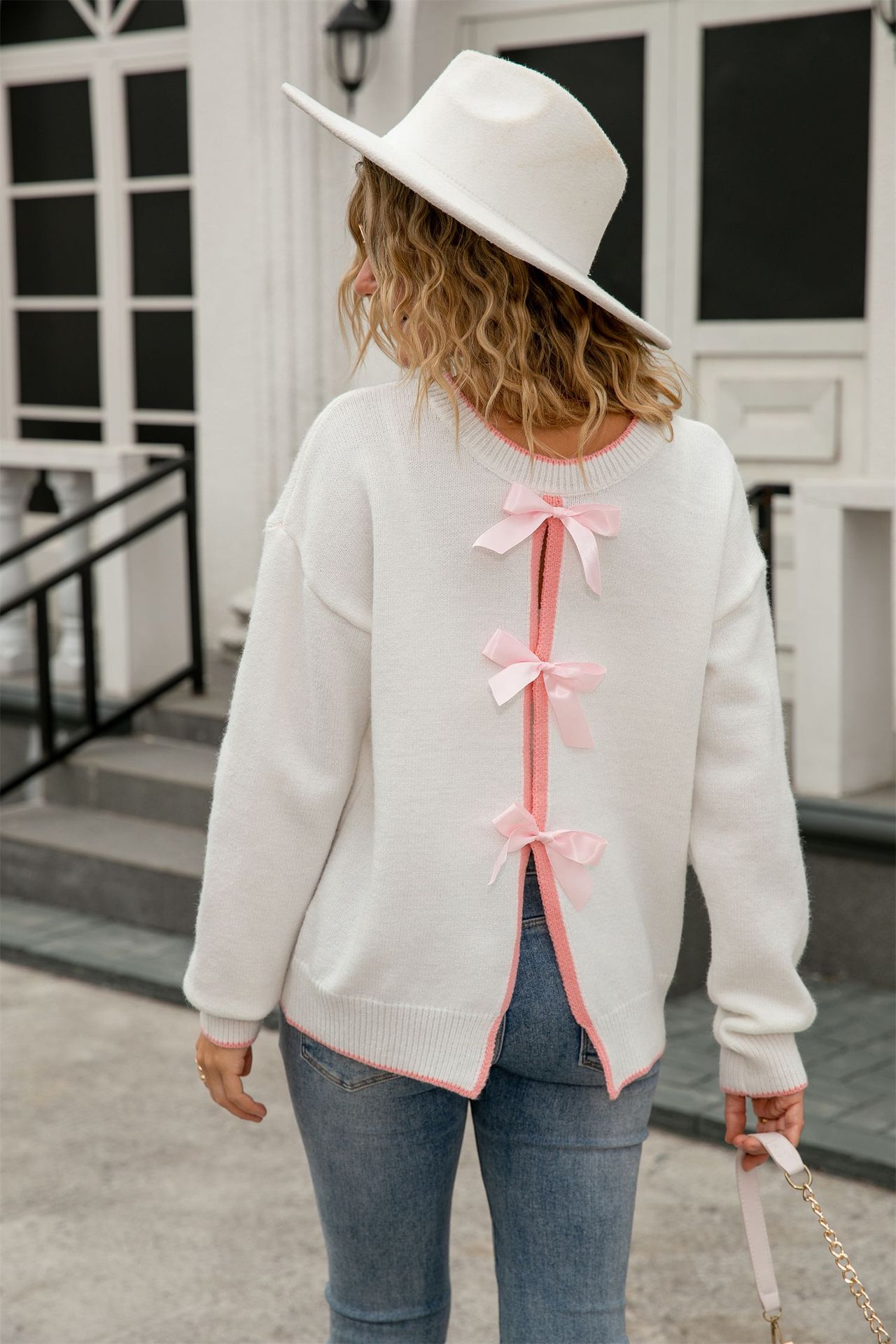 Back Bow Tie Open Back Knit Sweater for Women