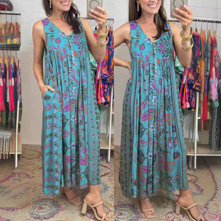 Retro Floral Print Loose Sleeveless Jumpsuit