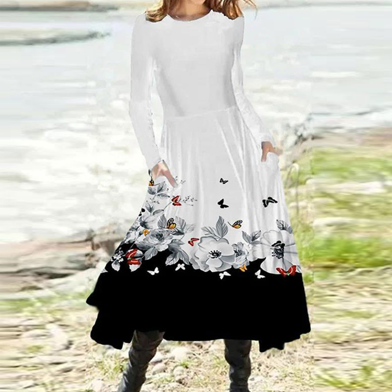 Gradient Print Long Sleeve Midi Dress with Pockets