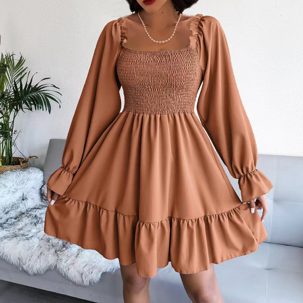 Square Neck Bell Sleeve Ruffle A-Line Midi Dress