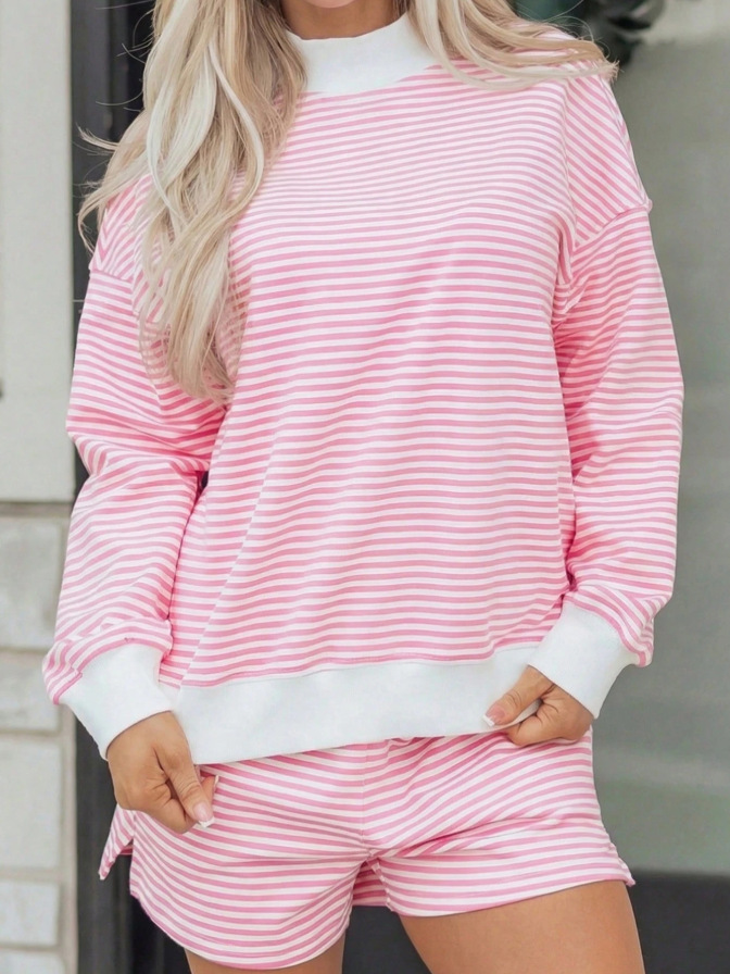 Striped Oversized Collar Cotton Sweatshirt Set