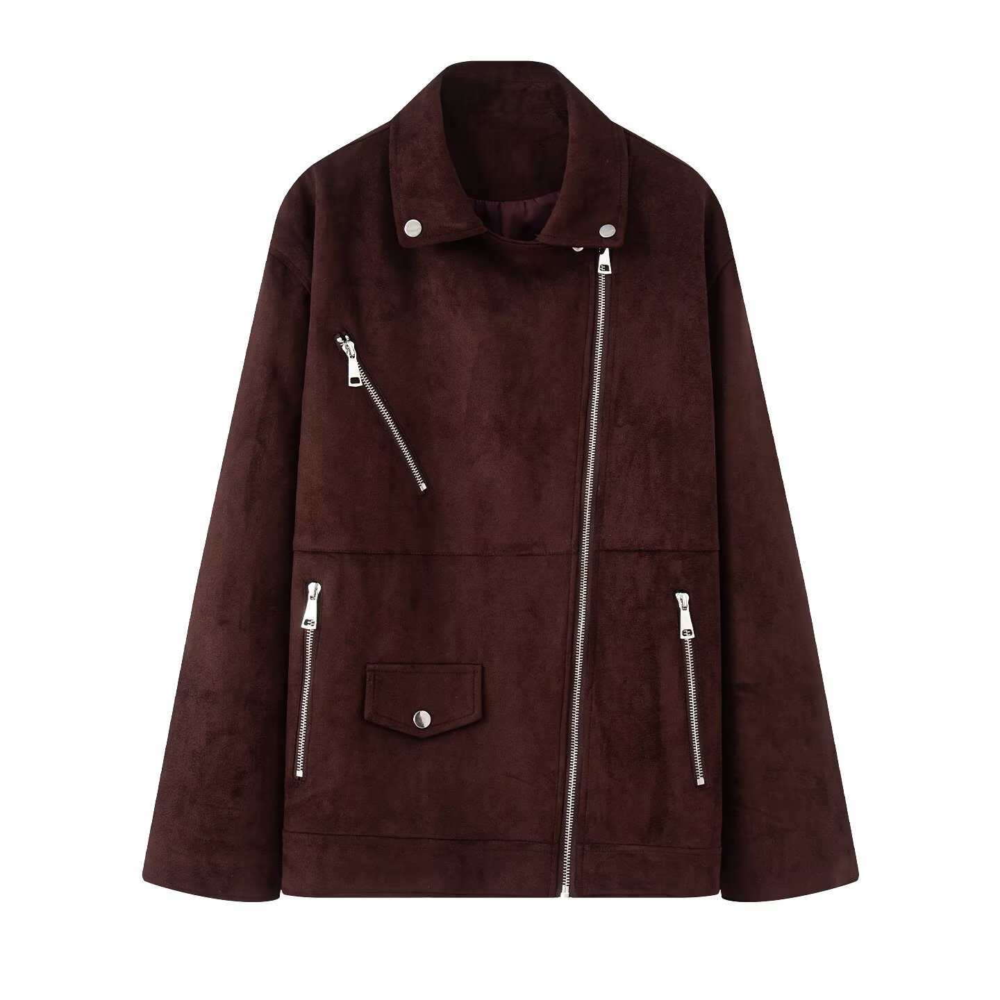 Suede-Feel Moto Jacket with Lapel Collar