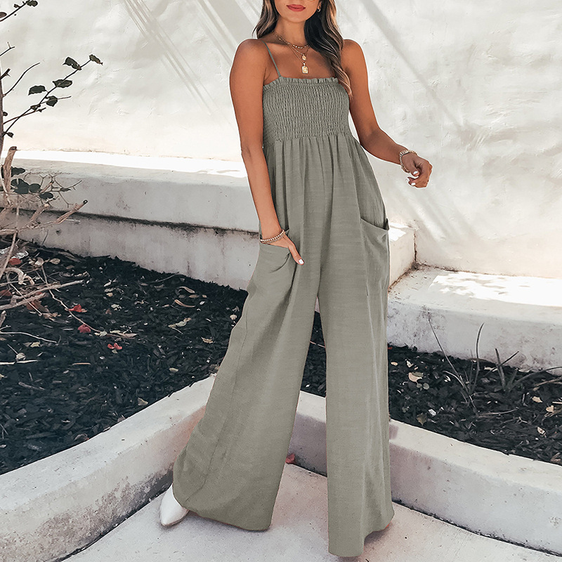 Women's Sleeveless Pleated Wide-Leg Jumpsuit Solid Color Commuter