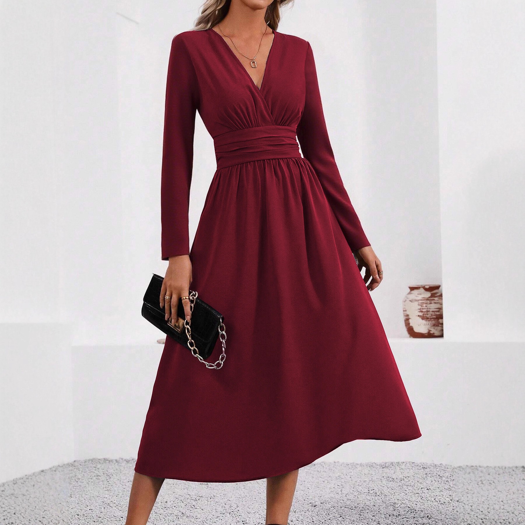 Women's Solid Overlap V-Neck Long Sleeve Ruched Waist Long Dress