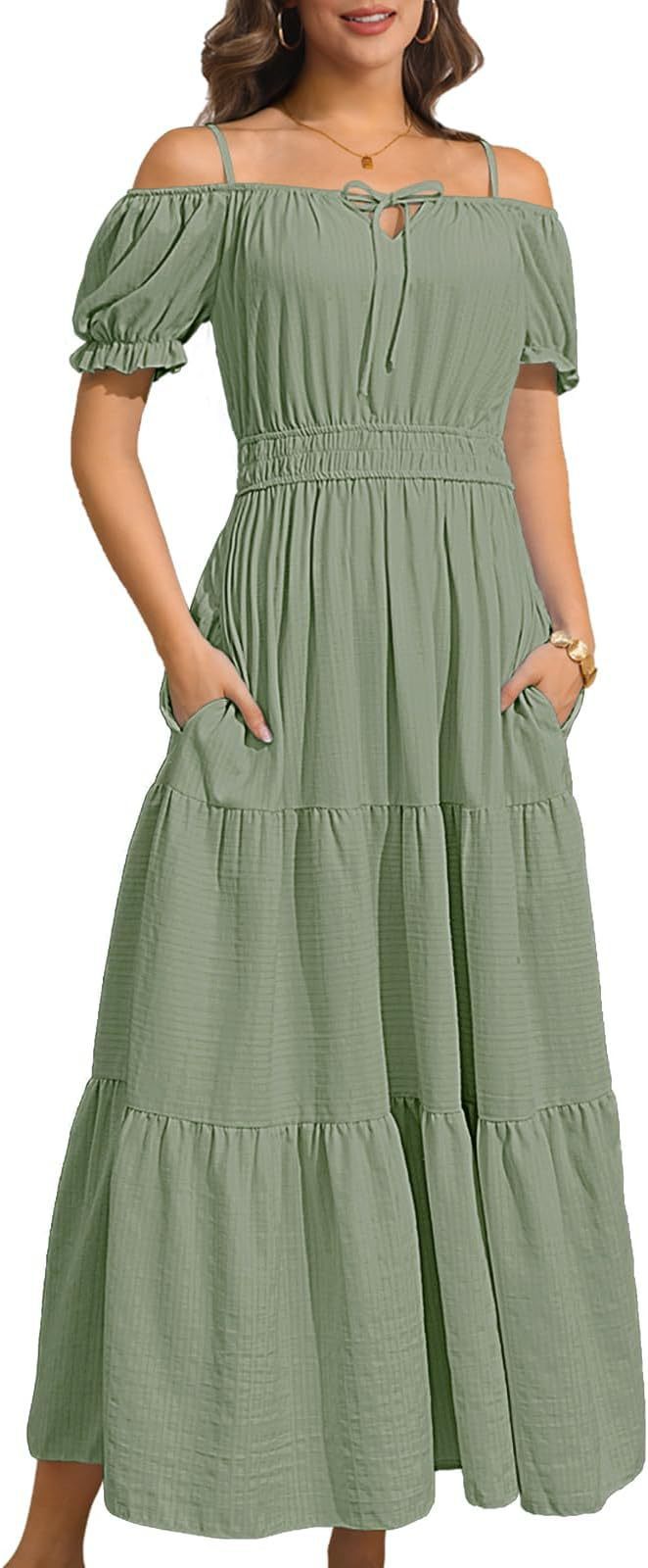 Women's Off-Shoulder Puff Sleeve Midi Dress Casual Beach A-Line