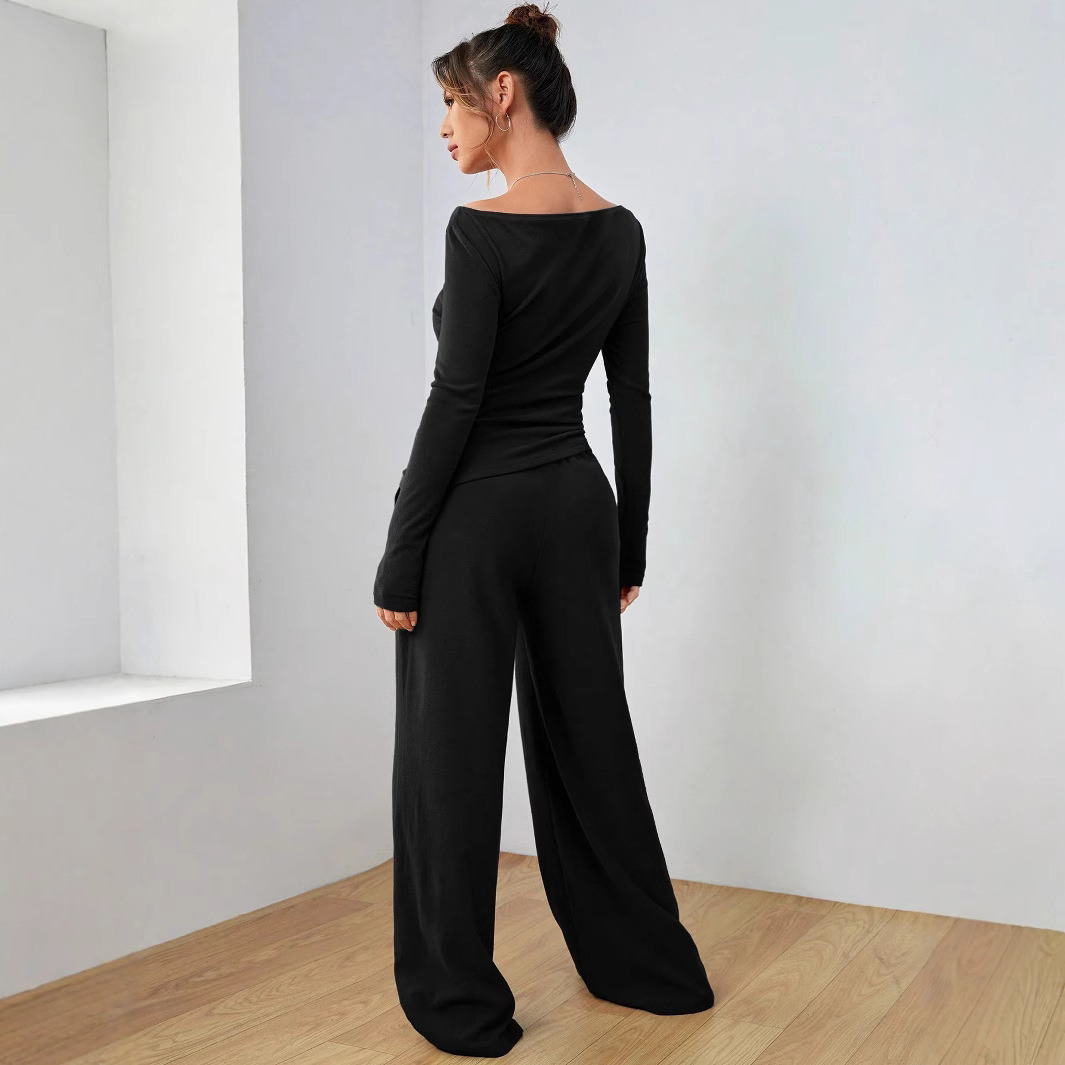 Women's Solid Color Long Sleeve Wide-Leg Pants Two-Piece Set