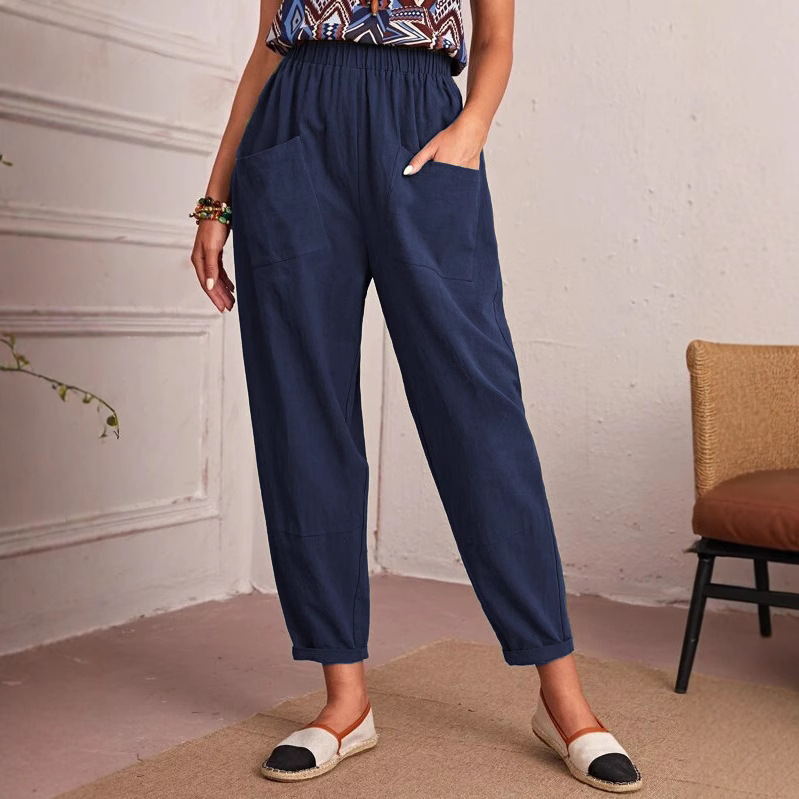 Women's Cotton-Linen Cropped Pants with Elastic Waist and Slant Pockets