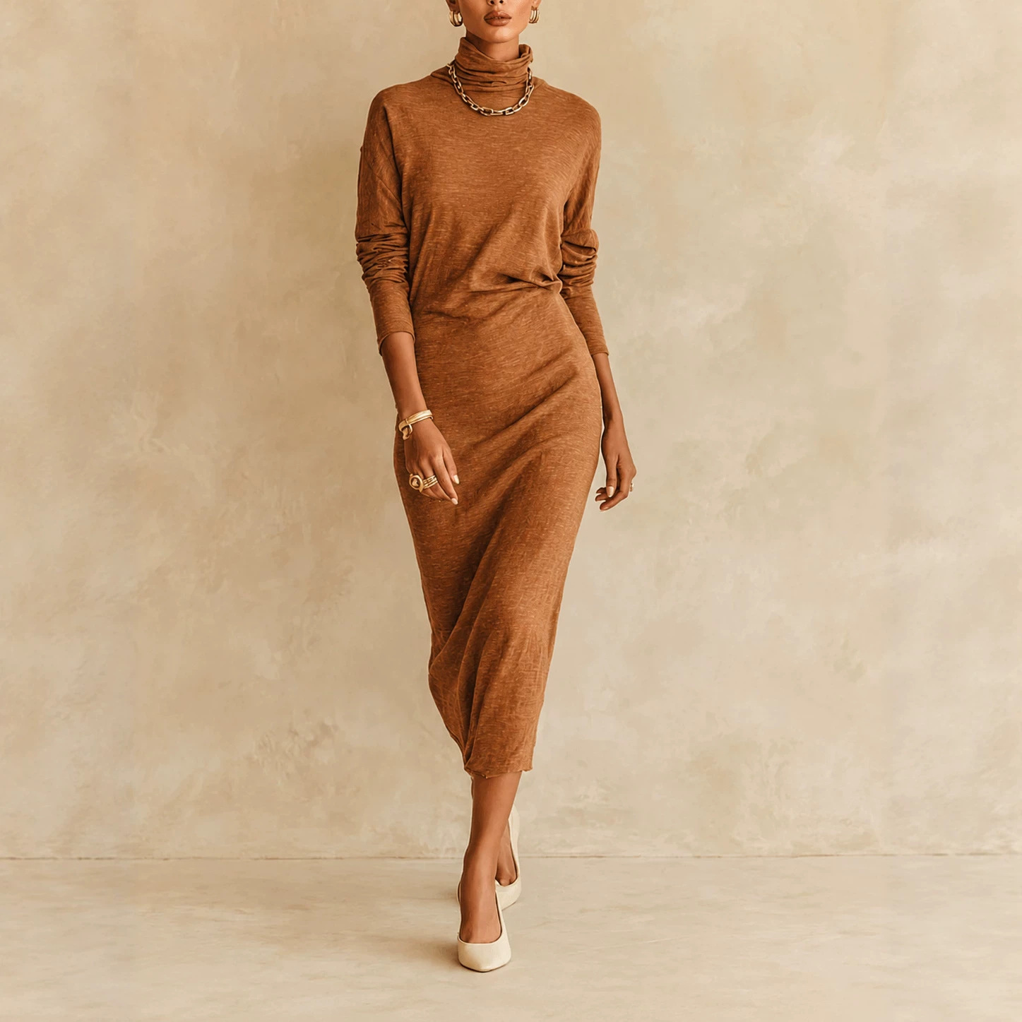 Women's Turtleneck Solid Bodycon Midi Dress Slim Fit Elegant