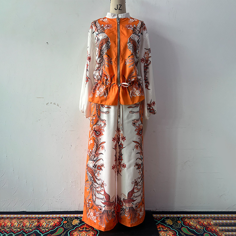 3D Floral Print Baseball Jacket & Drawstring Pants Two-Piece Set
