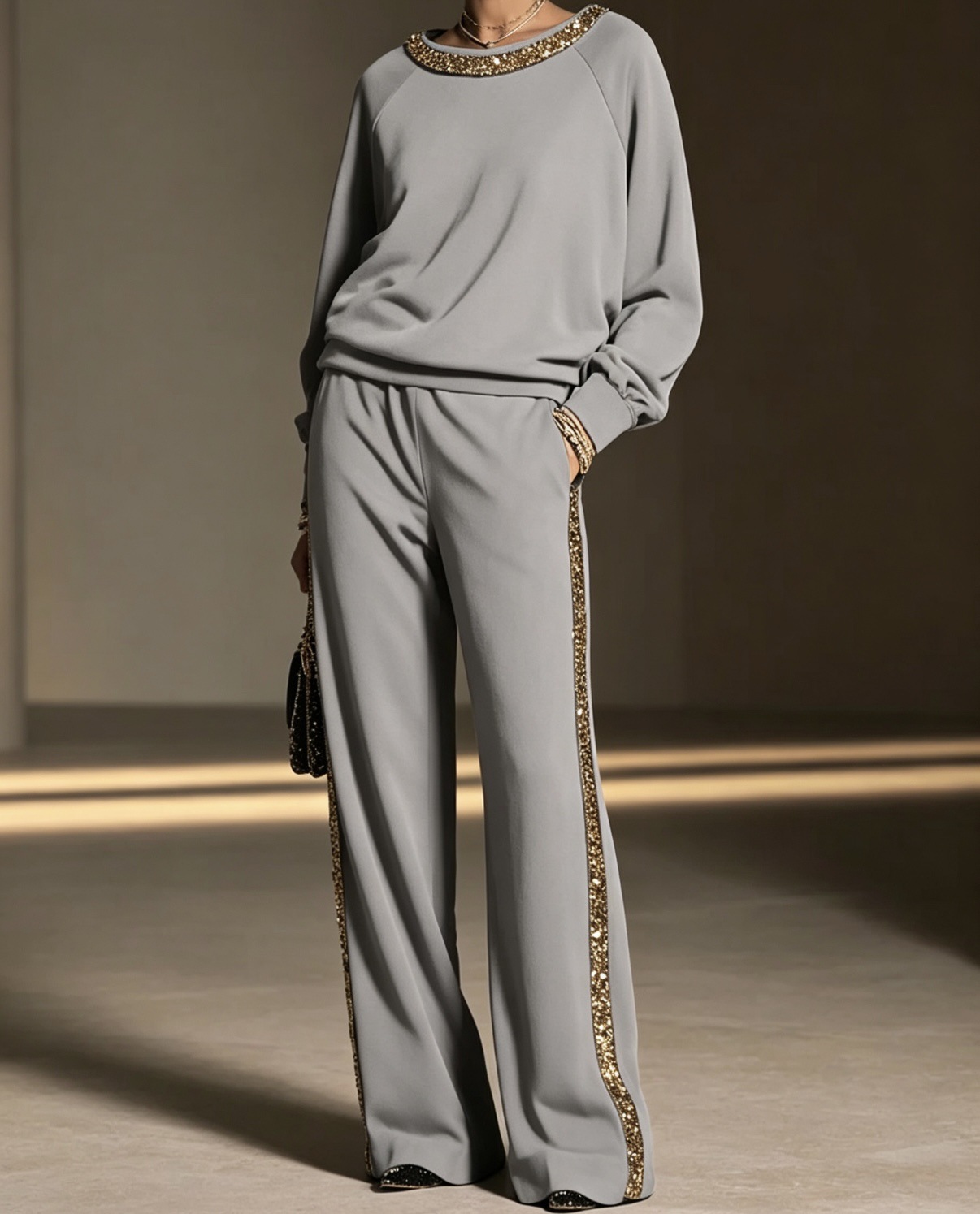 Gold Sequin Boat Neck Top & Wide Leg Pants Set