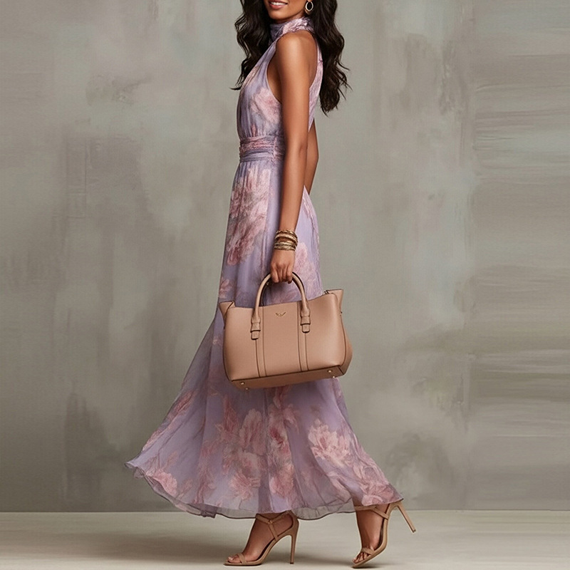 Elegant Floral Print Halter Sleeveless Bodycon Midi Dress