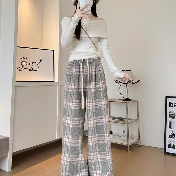 Gray Plaid High-Waist Straight-Leg Wide-Leg Wool-Blend Pants for Women