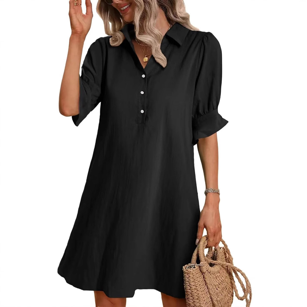 Women's Casual Loose Solid Color A-Line Dress with Collar and Buttons