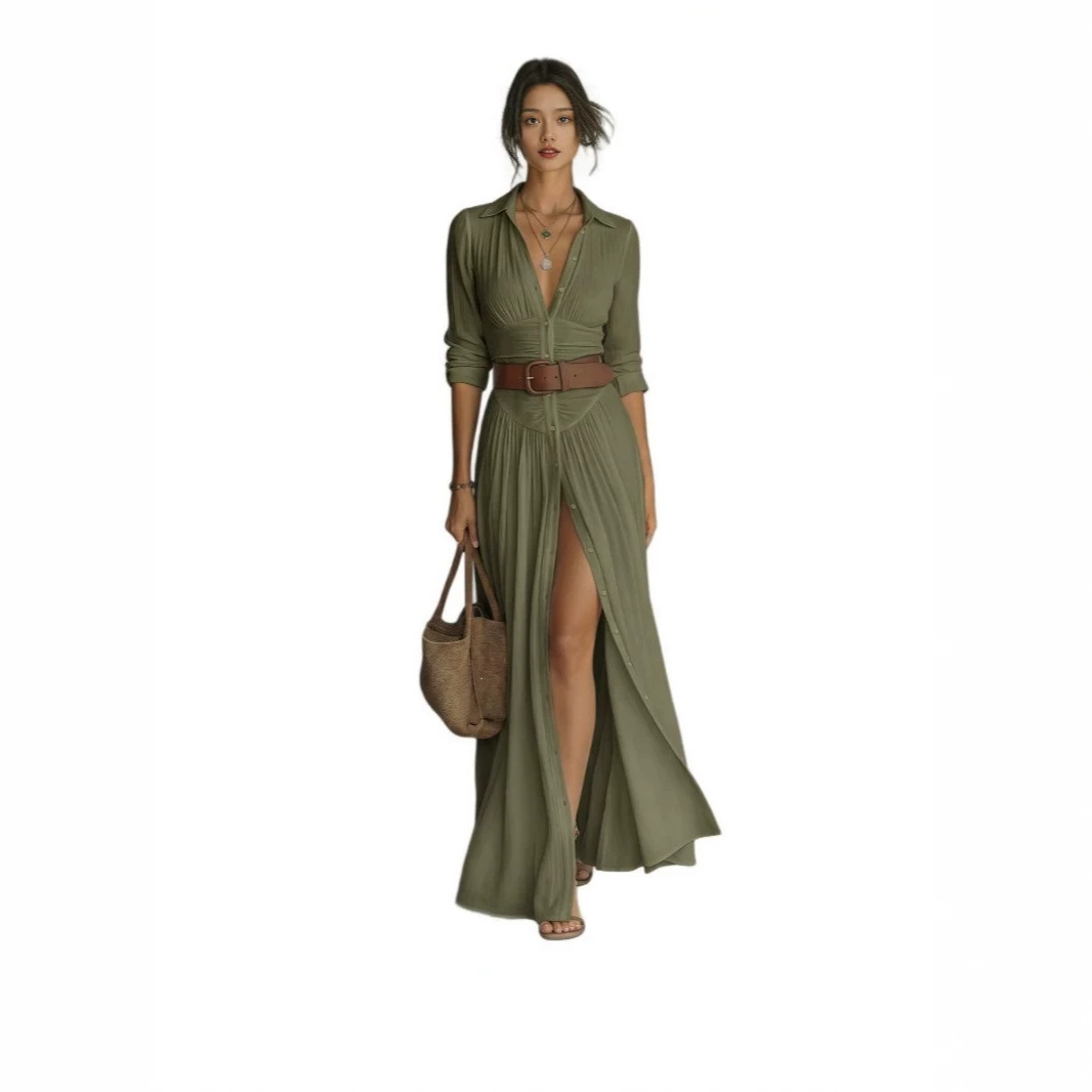 Women's Collared Long Sleeve Shirt Dress High Waist Pleated Split Long Vacation Dress with Belt