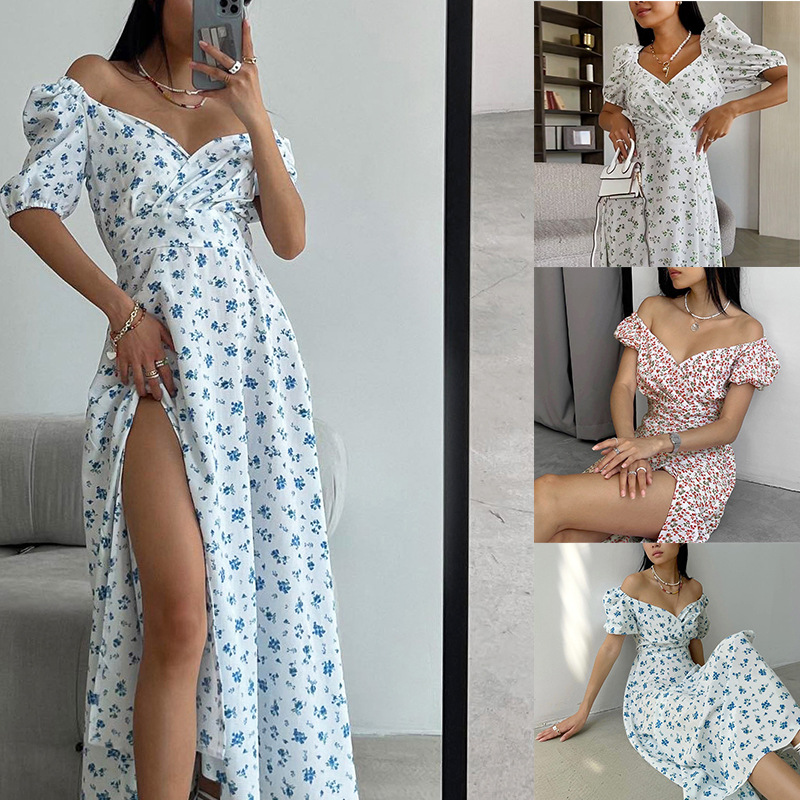 Women's A-Line Floral Dress with Puff Sleeves and V-Neck