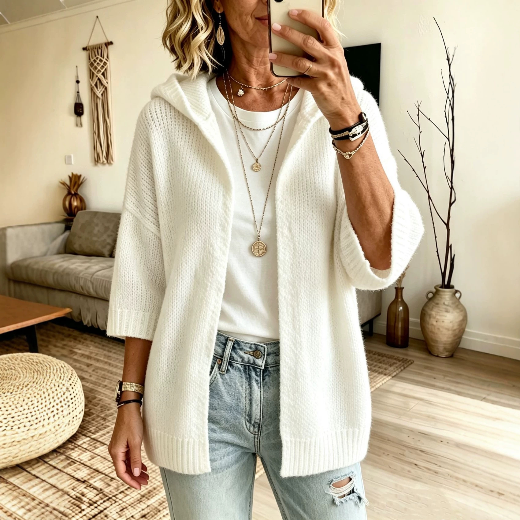 Women's 3/4 Sleeve Hooded Open-Front Knit Cardigan Solid Color Plus Size