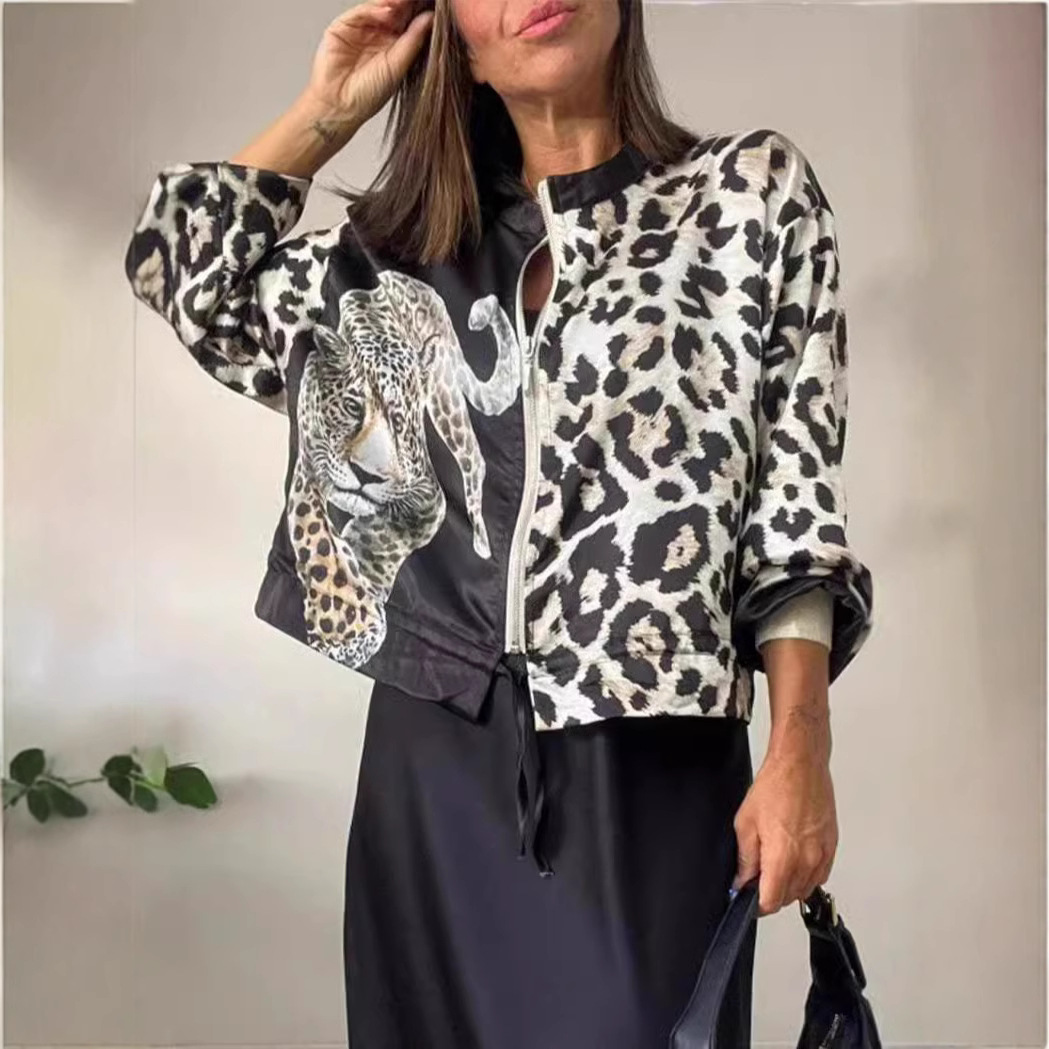 Women's Leopard Print Bomber Jacket Zip-Up Stand Collar