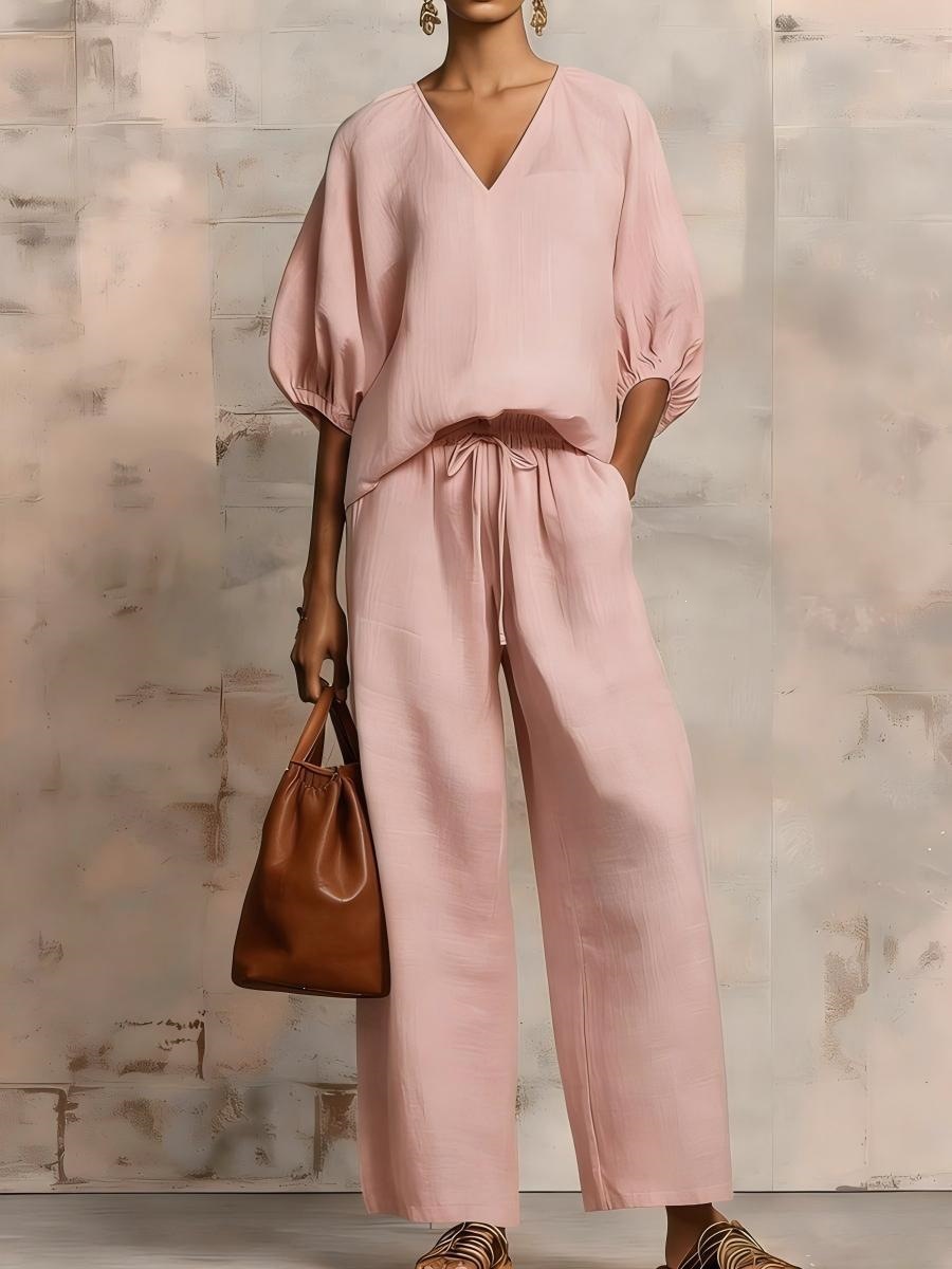 Minimalist Solid V-Neck Loose Two-Piece Set