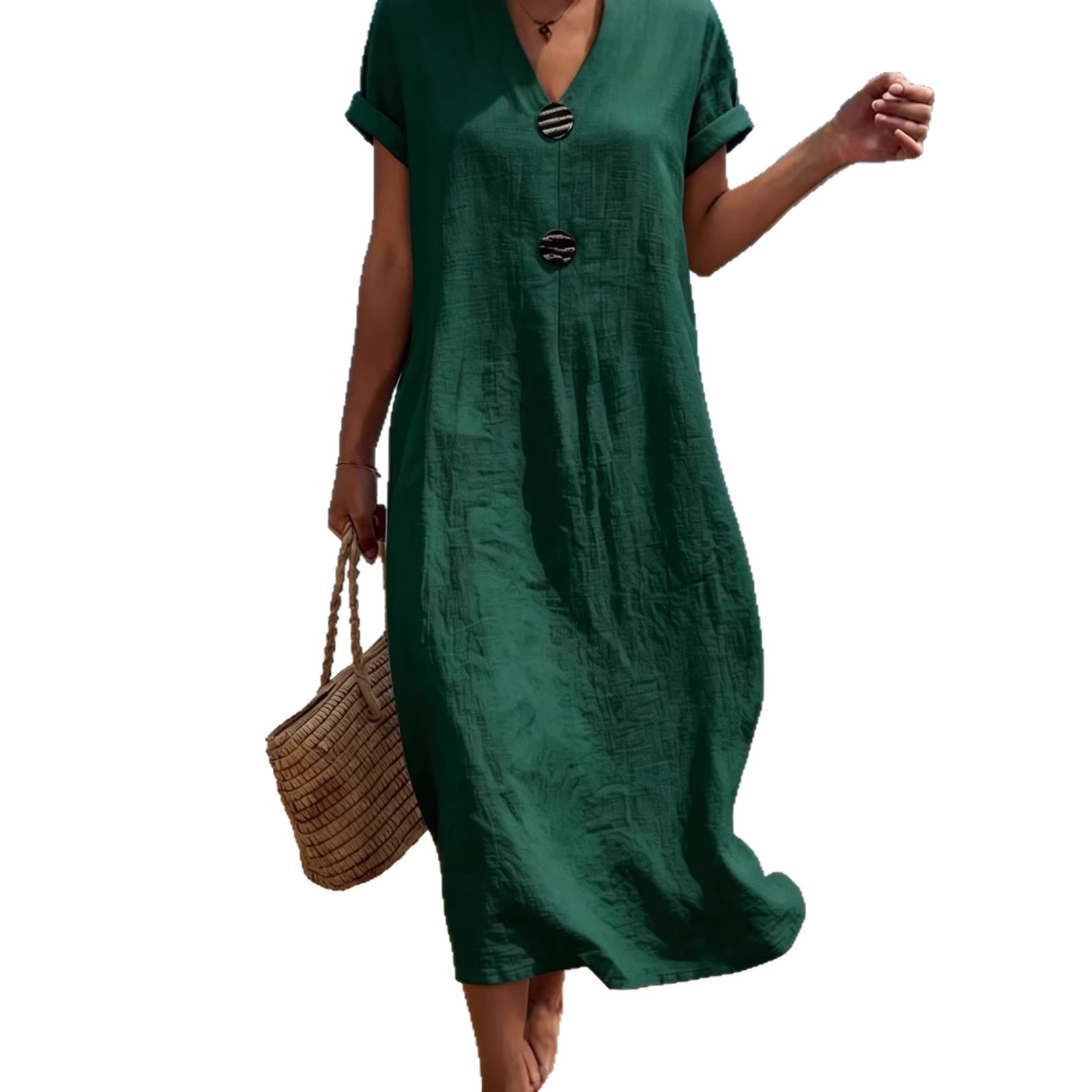 White Cotton-Linen Casual Dress for Women