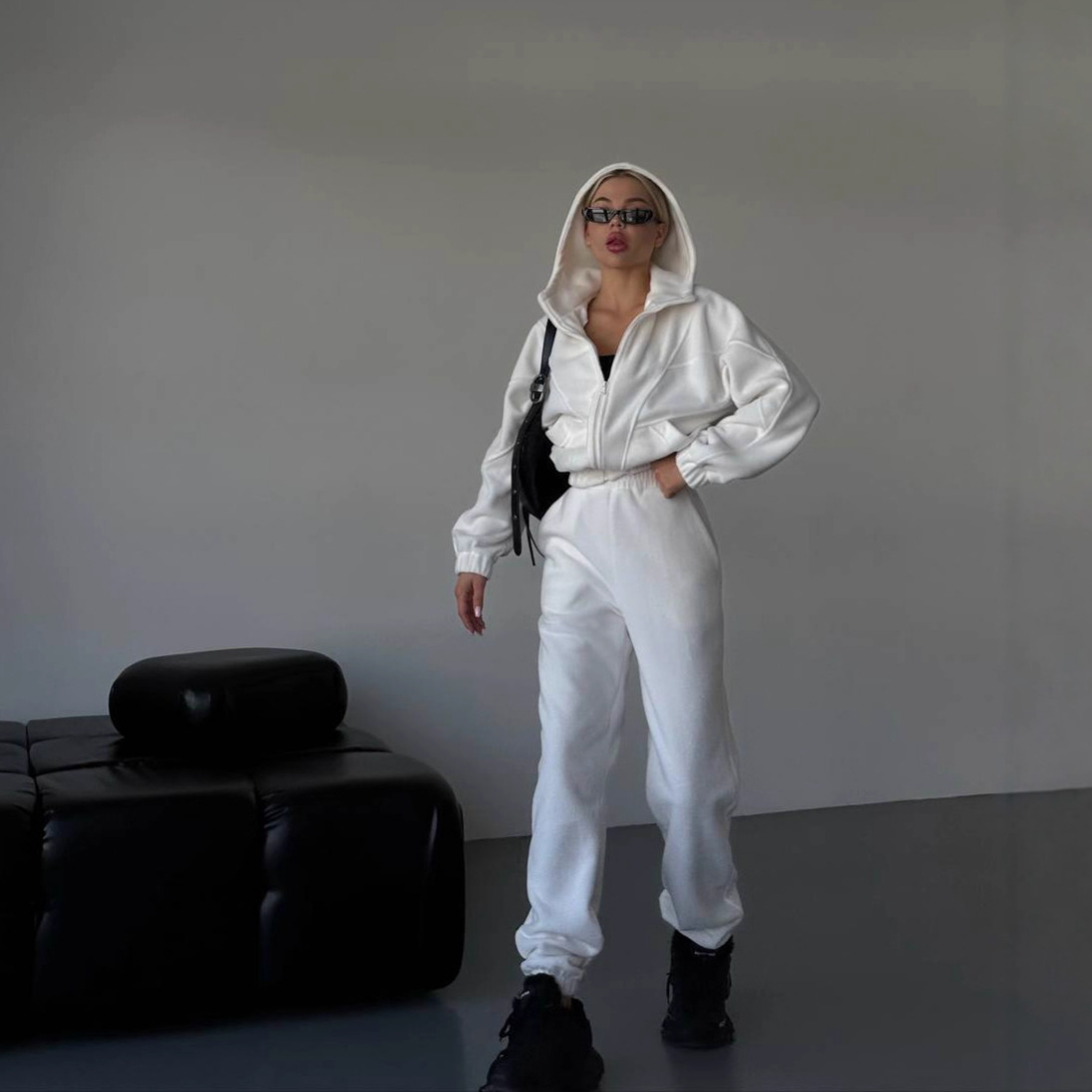 Women's Fleece Hooded Cardigan and Pants Set Long Sleeve Casual