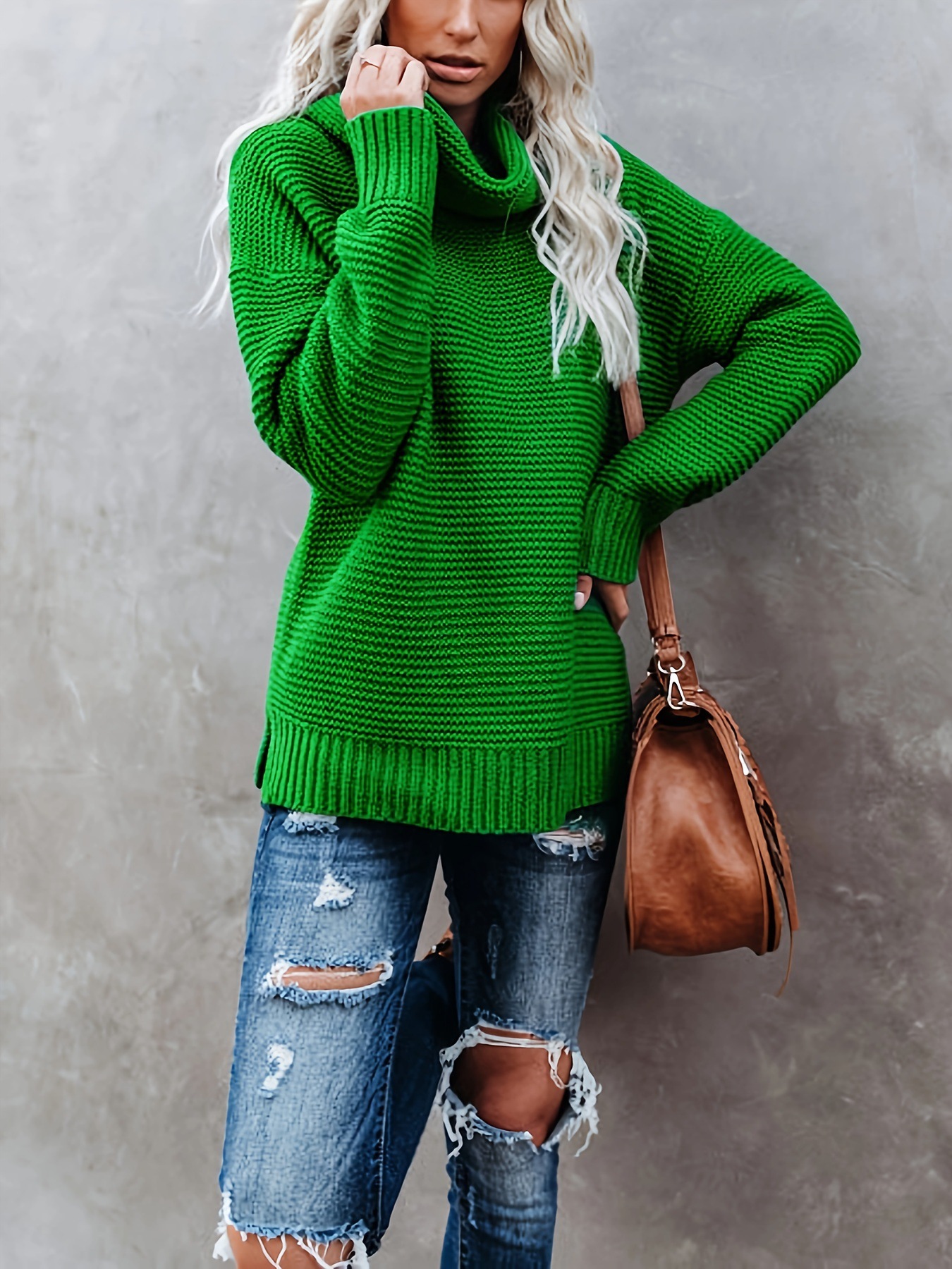 Women's Turtleneck Sweater Pullover Loose Warm Knit Top Long Sleeve
