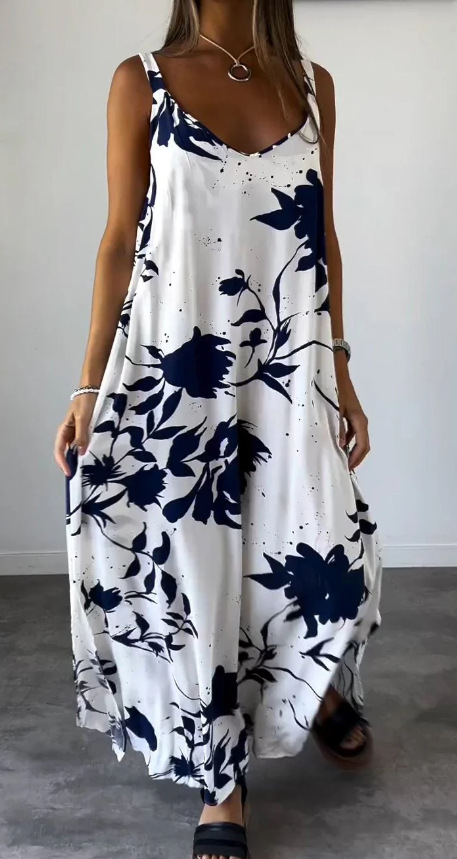 Floral Print V-Neck Open-Back Sleeveless A-Line Maxi Dress