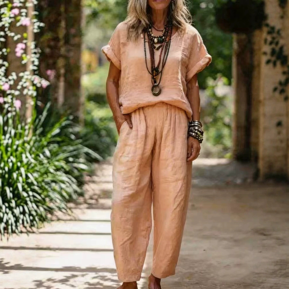 Women's Cotton-Linen Short Sleeve Crewneck Top and Straight-Leg Pants Set