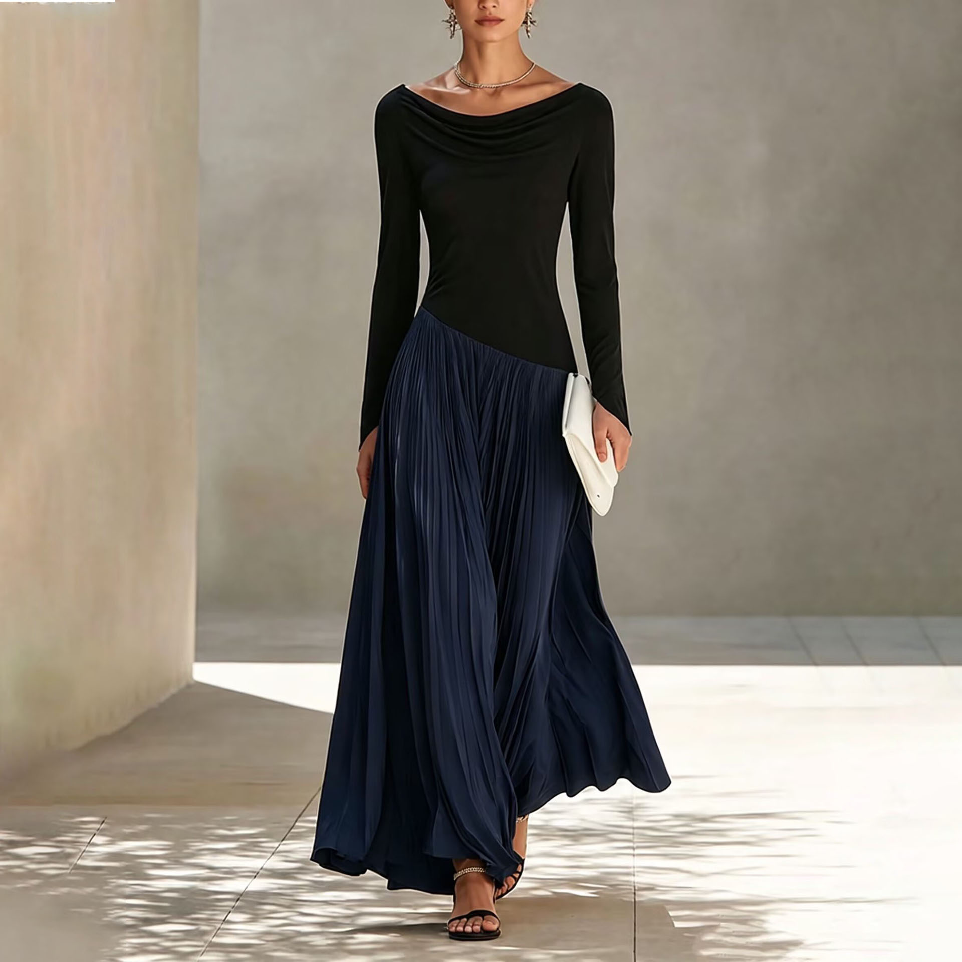 Women's Color-Block Long Sleeve A-Line Dress