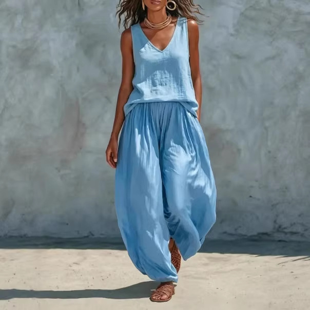 Women's Solid Linen Sleeveless Top and Wide-Leg Pants Set