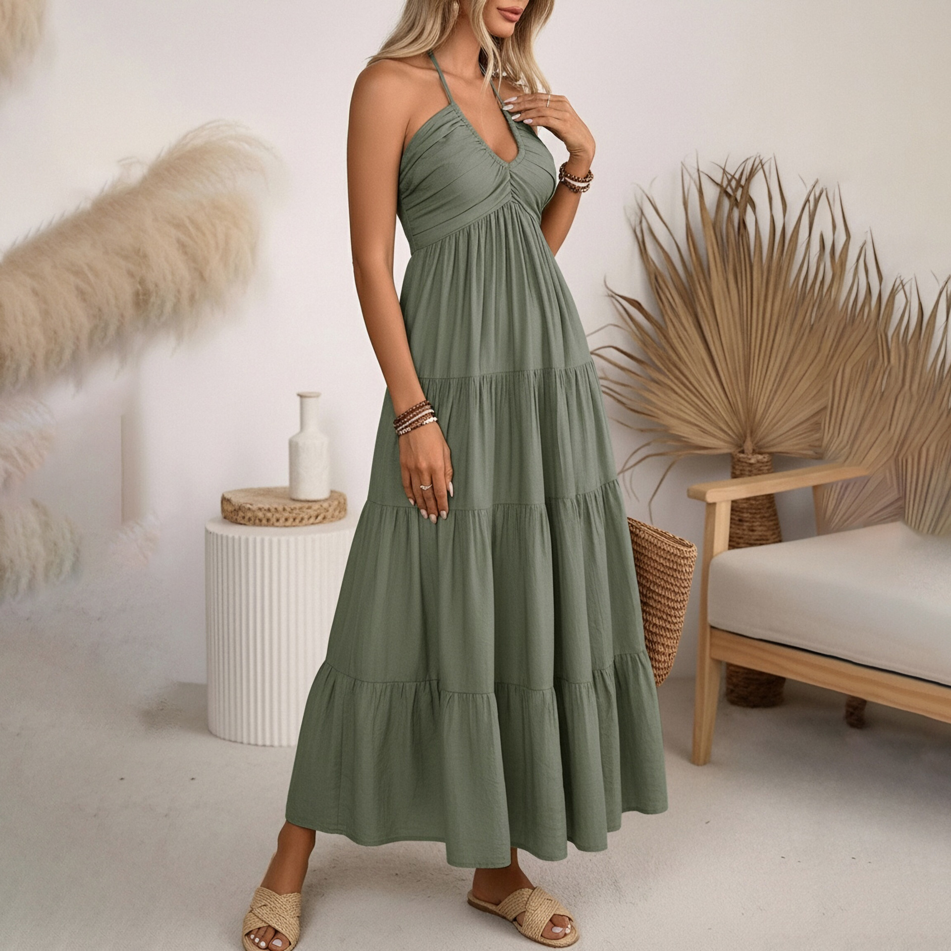 French-Style Elegant Solid Halter Neck Long Dress